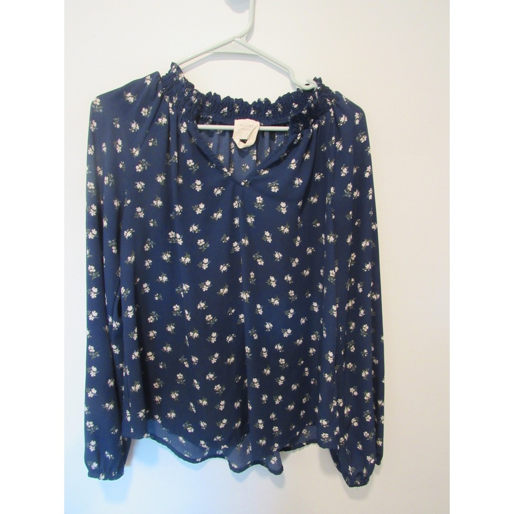 Harper Heritage Navy Blue Floral Smocked Neck Long Sleeve Blouse Small 81380
